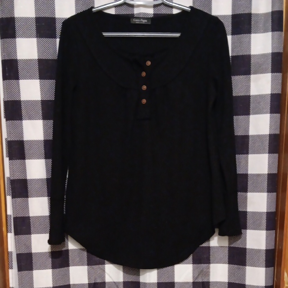 Black Buttoned Waffle Knit Top